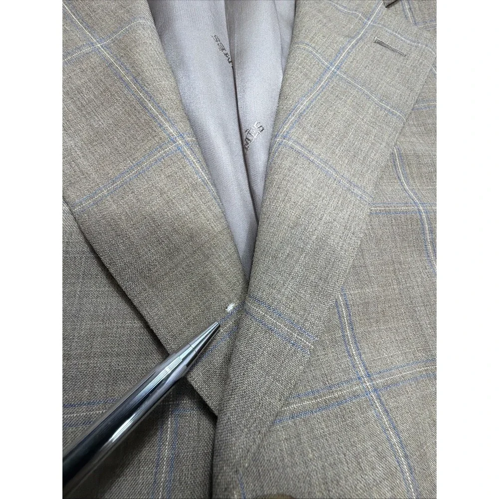 HERMES Mens Sport Coat Blazer Beige Tan Windowpane Checked 42R Wedding Flaws**